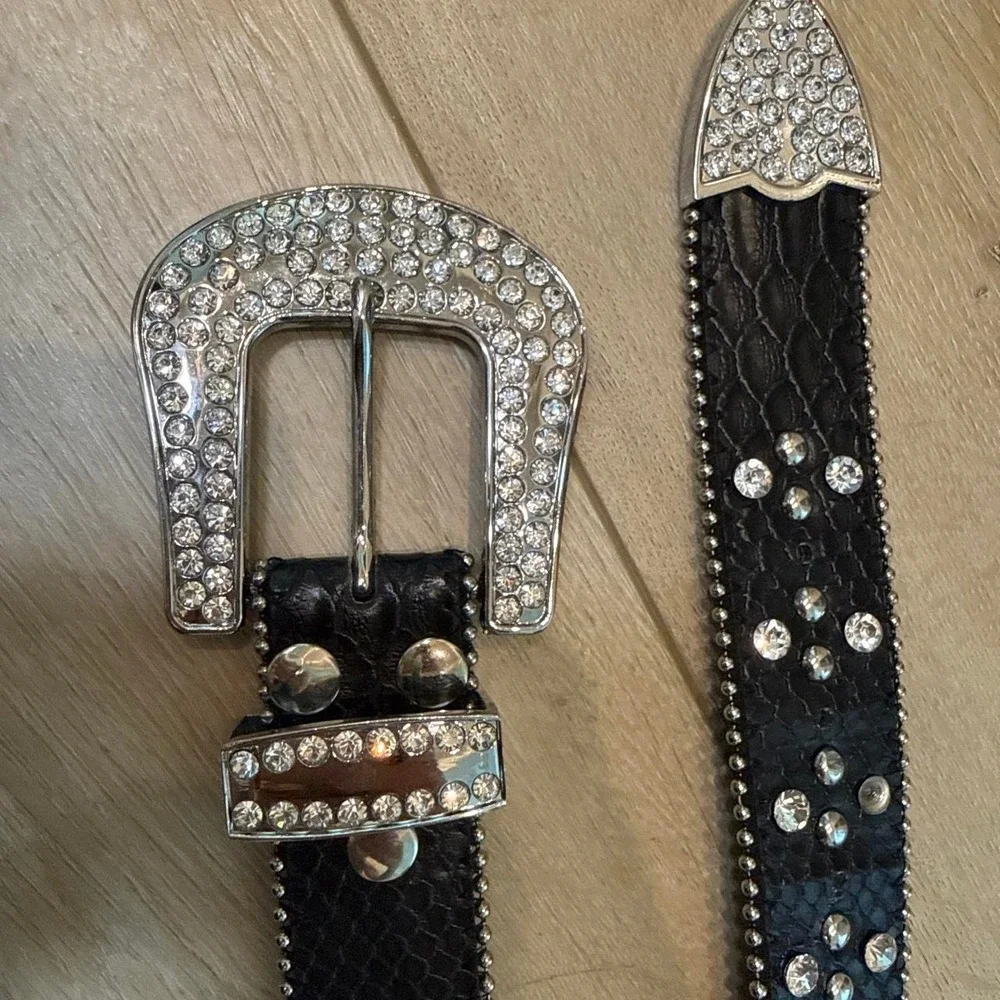 Black leather studded belt with rhinestones